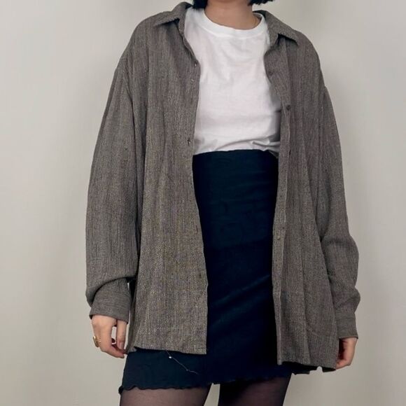 Eileen Fisher Grey Mixed Thread Oversized Linen Blend Shirt - Picture 1 of 7